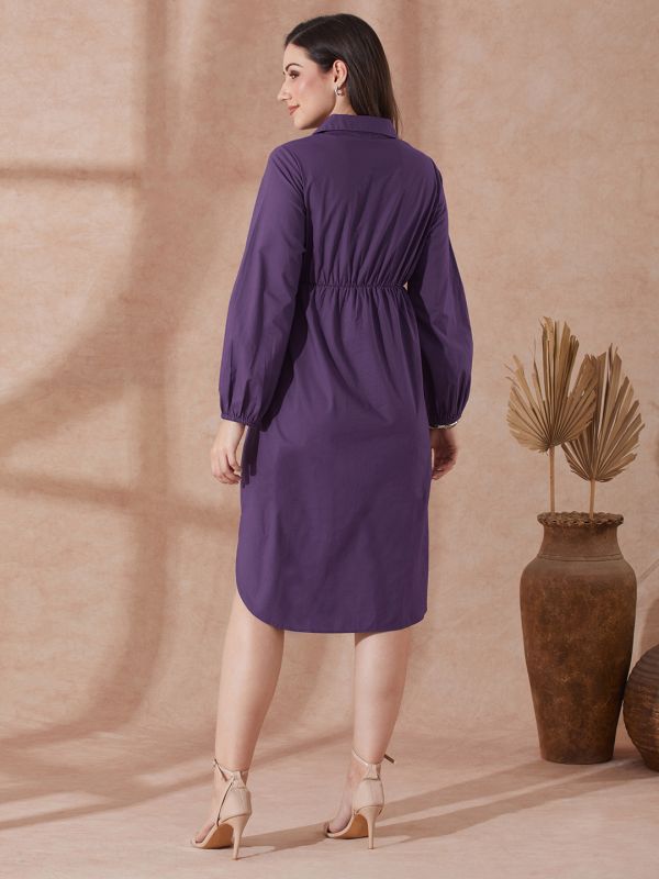 Globus Women Mauve Collared Neck Bishop Sleeves Solid Twist Knot Detail Midi Workwear Shirt Dress