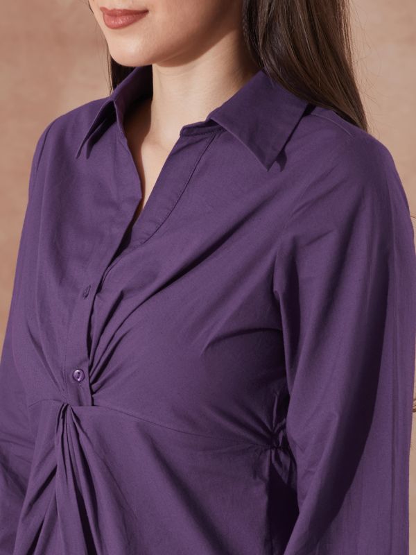 Globus Women Mauve Collared Neck Bishop Sleeves Solid Twist Knot Detail Midi Workwear Shirt Dress