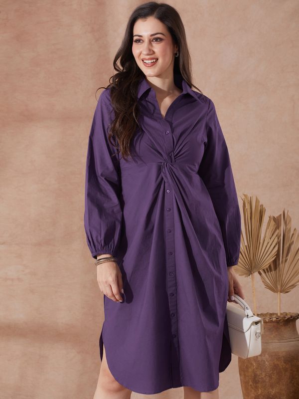 Globus Women Mauve Collared Neck Bishop Sleeves Solid Twist Knot Detail Midi Workwear Shirt Dress