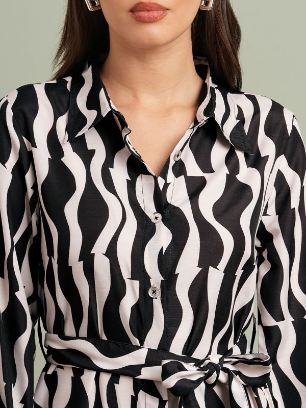 Globus Women Black Collared Neck Cuffed Sleeves Abstract Print Maxi Workwear Shirt Dress With Belt