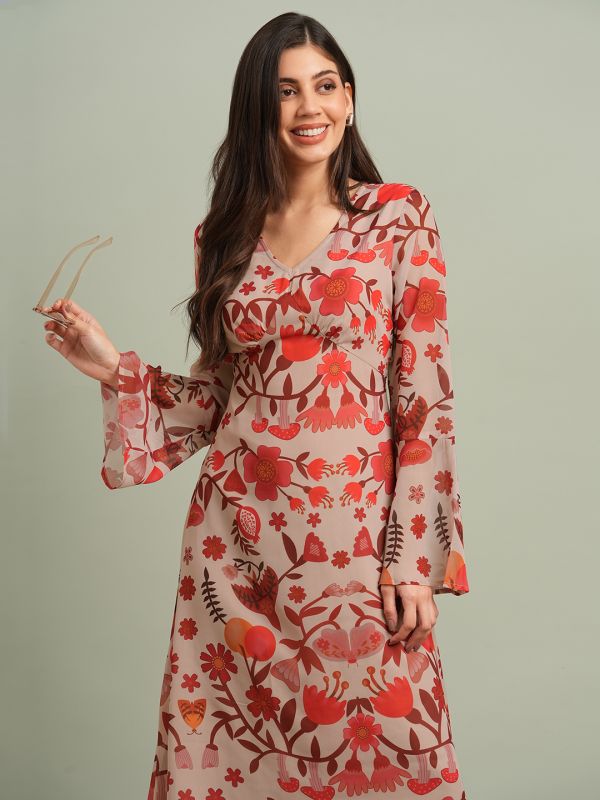 Globus Women Red V-Neck Bell Sleeves Floral Print Georgette Midi A-Line Dress