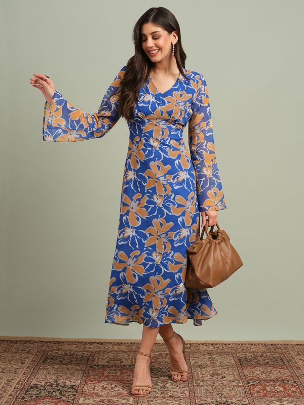 Globus Women Blue Floral Printed V-Neck Bell Sleeves Flared Hem Gathered A-Line Maxi Dress