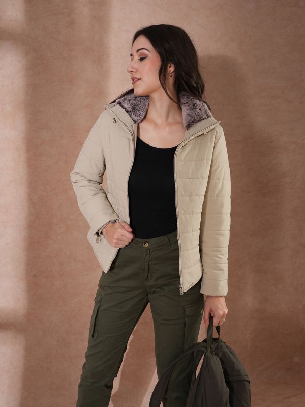 Globus Women Beige Mock Neck Full Sleeves Front Zip Winter Wear Insulator Puffer Jacket With Detachable Hood