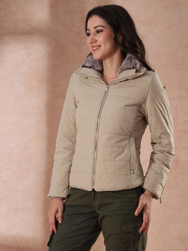 Globus Women Beige Mock Neck Full Sleeves Front Zip Winter Wear Insulator Puffer Jacket With Detachable Hood