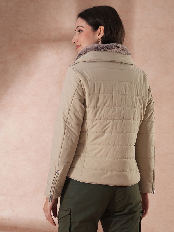 Globus Women Beige Mock Neck Full Sleeves Front Zip Winter Wear Insulator Puffer Jacket With Detachable Hood