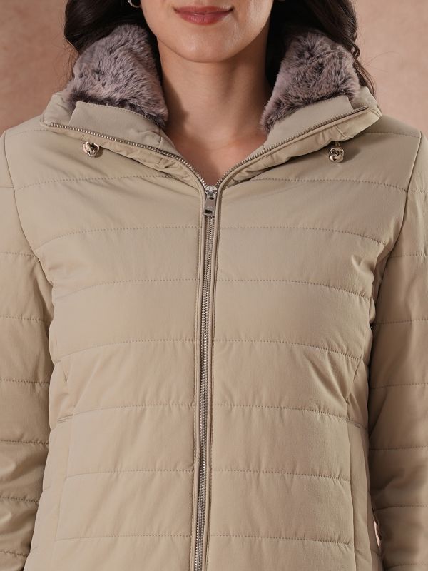 Globus Women Beige Mock Neck Full Sleeves Front Zip Winter Wear Insulator Puffer Jacket With Detachable Hood