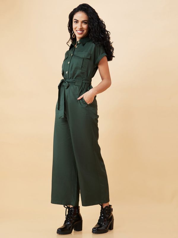Globus Women Olive Shirt Collar Chest Pocket Waist Tie Up Long Jumpsuit