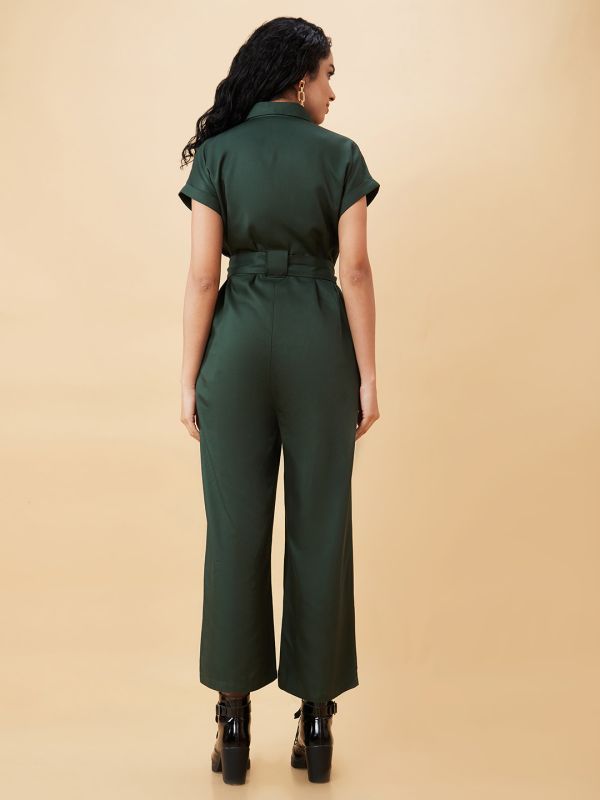 Globus Women Olive Shirt Collar Chest Pocket Waist Tie Up Long Jumpsuit
