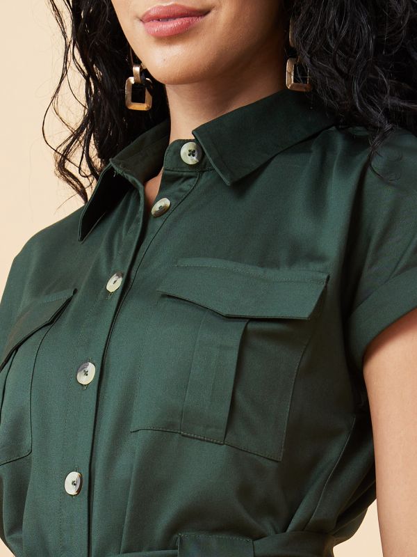 Globus Women Olive Shirt Collar Chest Pocket Waist Tie Up Long Jumpsuit