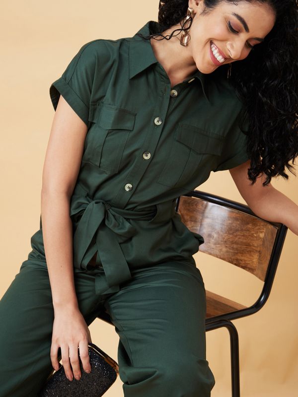 Globus Women Olive Shirt Collar Chest Pocket Waist Tie Up Long Jumpsuit