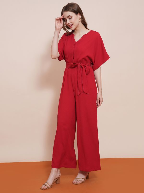 Globus Women Red Round Neck With V Cut Kimono Sleeves Waist Tie-Up Longline Jumpsuit