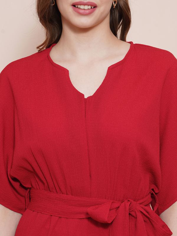 Globus Women Red Round Neck With V Cut Kimono Sleeves Waist Tie-Up Longline Jumpsuit
