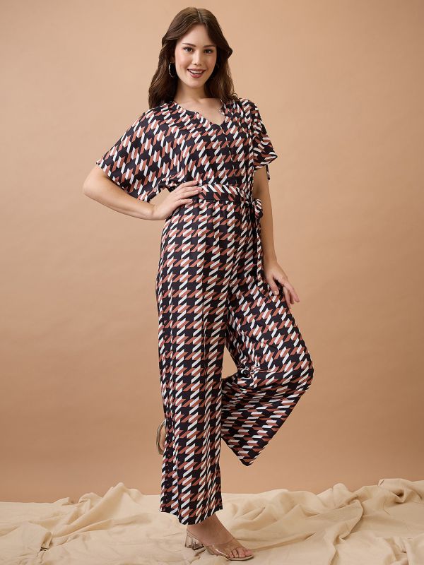 Globus Women Brown Abstract Print Round Neck with V Cut Kimono Sleeves Waist Tie-Up Longline Jumpsuit