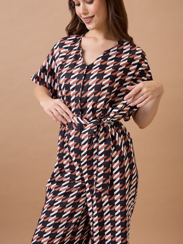 Globus Women Brown Abstract Print Round Neck with V Cut Kimono Sleeves Waist Tie-Up Longline Jumpsuit