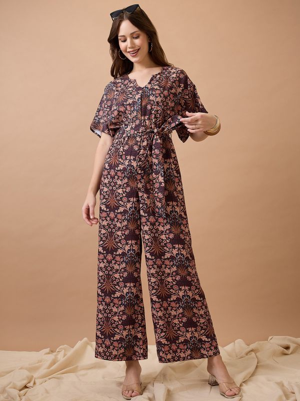 Globus Women Multi Floral Print Round Neck with V Cut Kimono Sleeves Waist Tie-Up Longline Fusion Jumpsuit