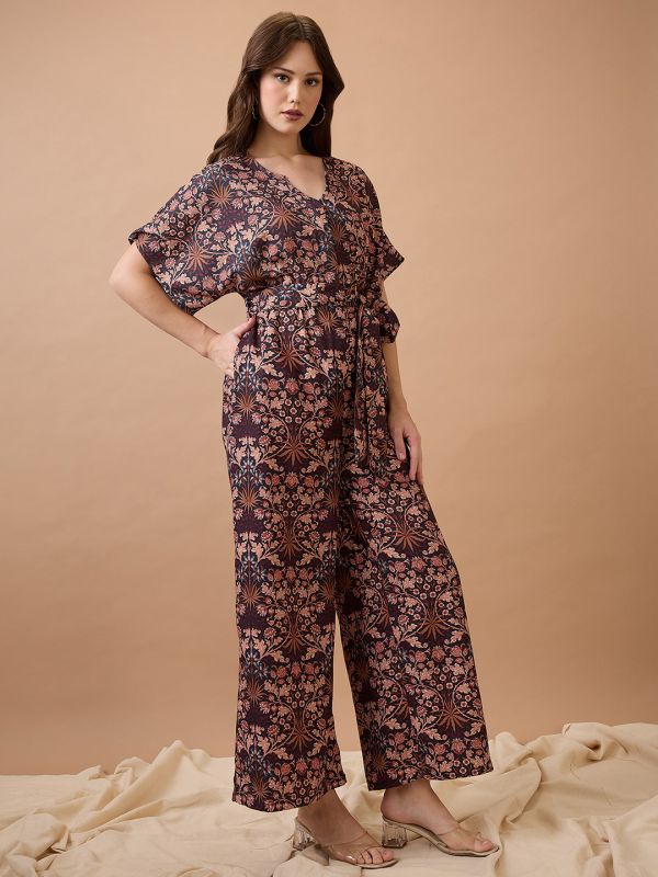 Globus Women Multi Floral Print Round Neck with V Cut Kimono Sleeves Waist Tie-Up Longline Fusion Jumpsuit
