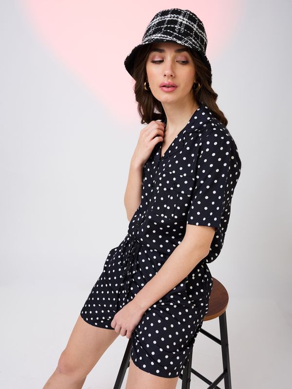 Globus Women Black Polka Dots Notched Lapel Waist Tie-Ups Front Pockets Utility Playsuit