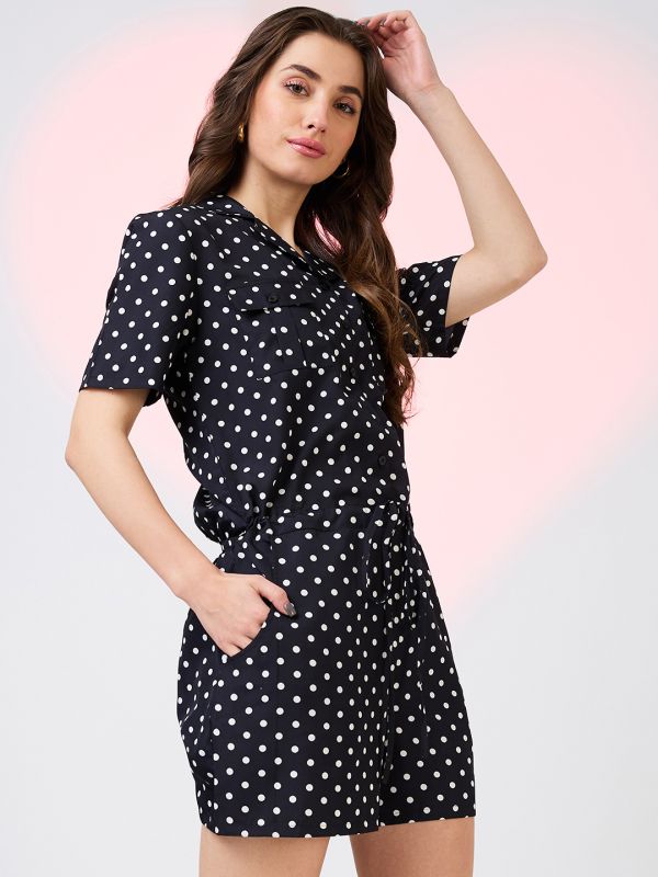 Globus Women Black Polka Dots Notched Lapel Waist Tie-Ups Front Pockets Utility Playsuit