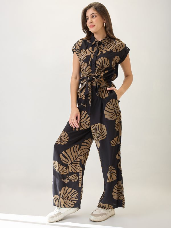 Globus Women Black Shirt Collar Extended Sleeves Tropical Print Cut Out Detail Waist Tie-Up Jumpsuit