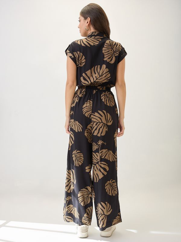 Globus Women Black Shirt Collar Extended Sleeves Tropical Print Cut Out Detail Waist Tie-Up Jumpsuit