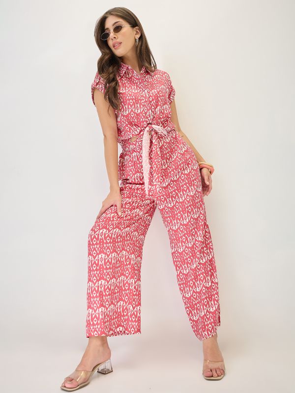 Globus Women Pink Shirt Collar Extended Sleeves Abstract Print Cut Out Detail Waist Tie-Up Jumpsuit