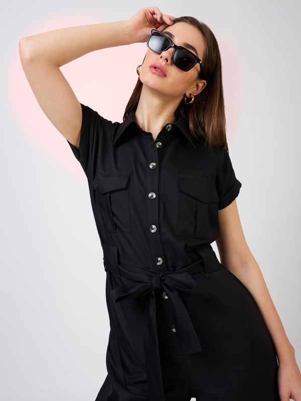 Globus Women Black Shirt Collar Extended Sleeves Front Pockets Utility Belted Jumpsuit