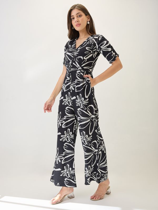 Globus Women Black V-Neck Ruched Sleeves Floral Print Longline Jumpsuit