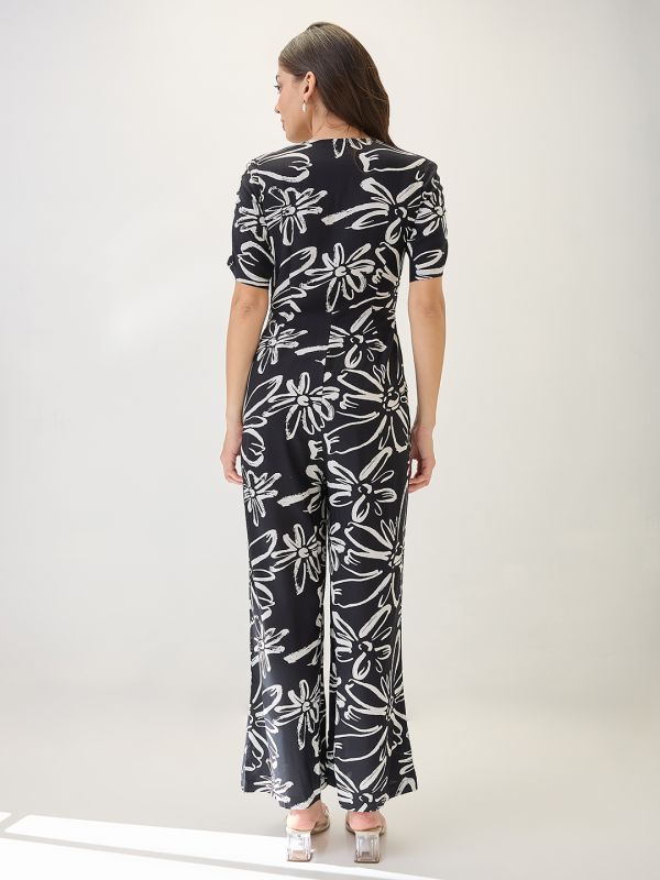 Globus Women Black V-Neck Ruched Sleeves Floral Print Longline Jumpsuit