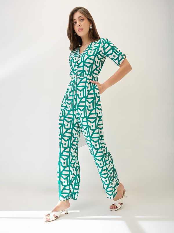 Globus Women Green V-Neck Ruched Sleeves Abstract Print Longline Jumpsuit