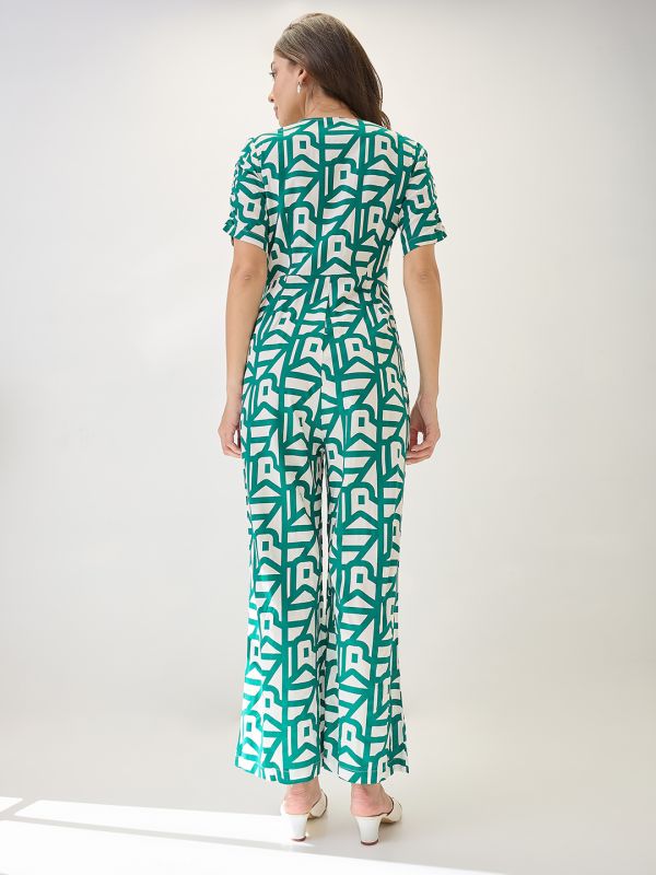 Globus Women Green V-Neck Ruched Sleeves Abstract Print Longline Jumpsuit
