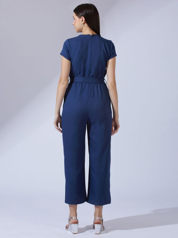 Globus Women Navy Blue Wrap V-Neck Short Sleeves Belted Long Jumpsuit