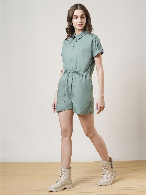 Globus Women Green Extended Sleeves Shirt Collar Waist Tie-Up Front Zip Closure Playsuit