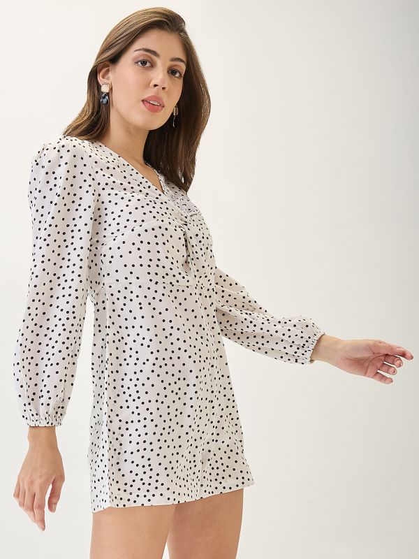 Globus Women White V-neck Bishop Sleeves Twisted Detail Bishop Sleeves Polka-Dot Playsuit