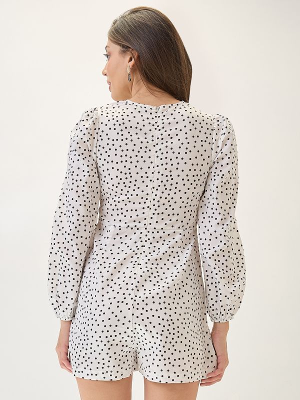 Globus Women White V-neck Bishop Sleeves Twisted Detail Bishop Sleeves Polka-Dot Playsuit