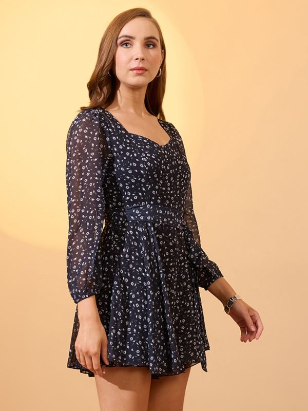 Globus Women Black Sweetheart Neck Bishop Sleeves Floral Print Playsuit With Belt