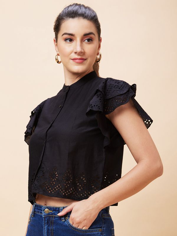 Globus Women Black Schiffli Self Design Mandarin Collar Casual Shirt Style Crop Top