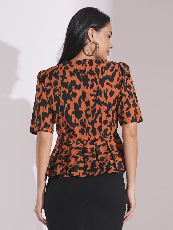 Globus Women Rust Animal Print Puff Sleeves Pleated Peplum Top