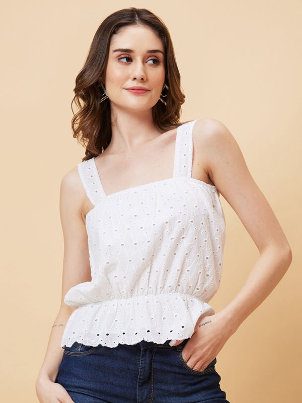 Globus Women White Self Design Schiffli Top