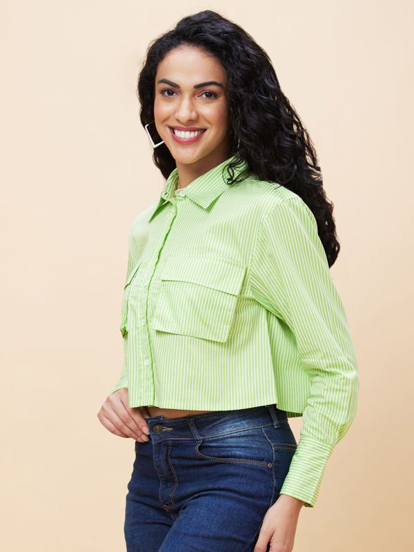 Globus Women Green Striped Casual Shirt Style Crop Top