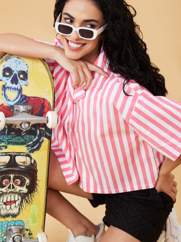 Globus Women Coral Striped Shirt Style Casual Top