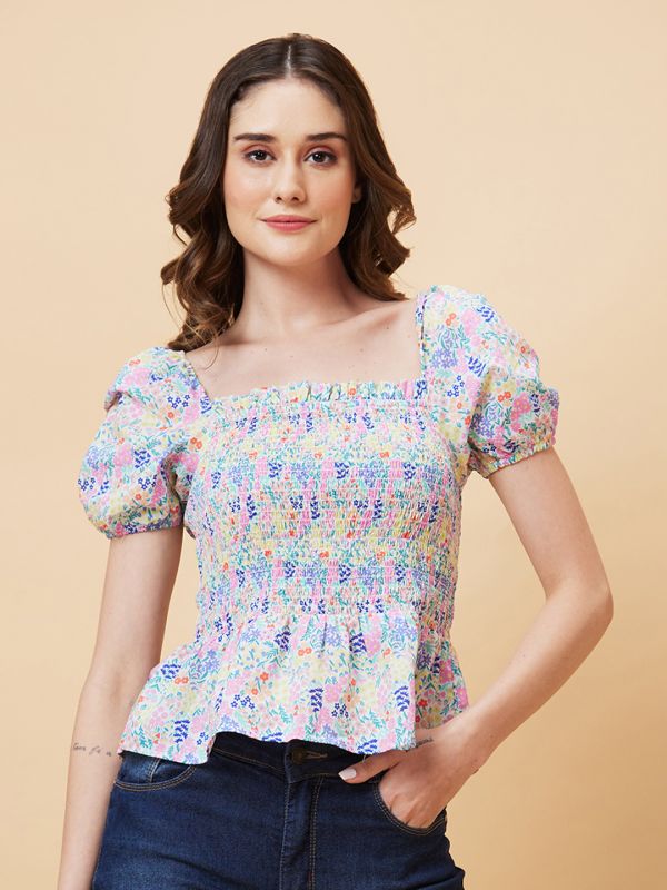 Globus Women Multicolor Floral Print Smocked Top