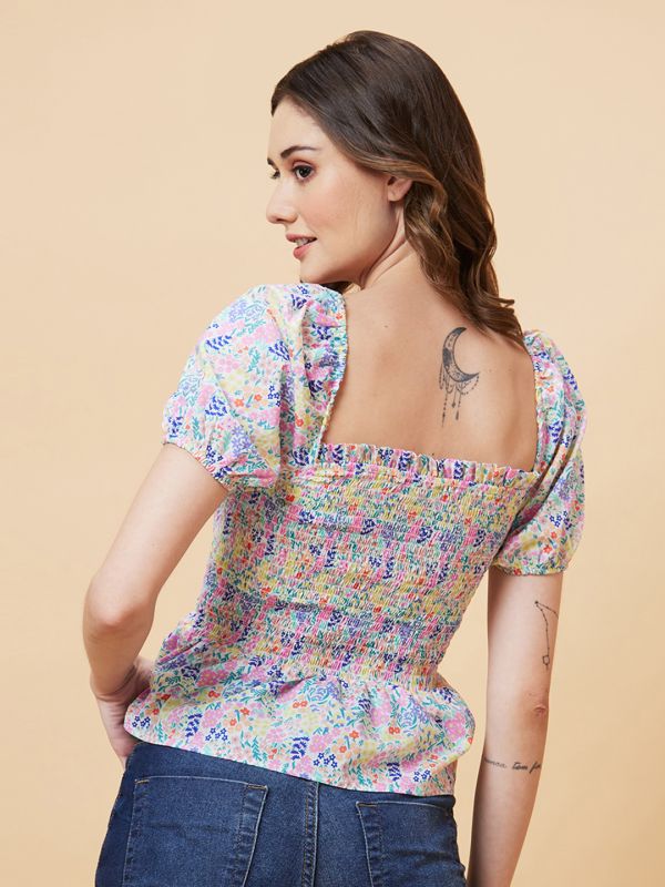 Globus Women Multicolor Floral Print Smocked Top