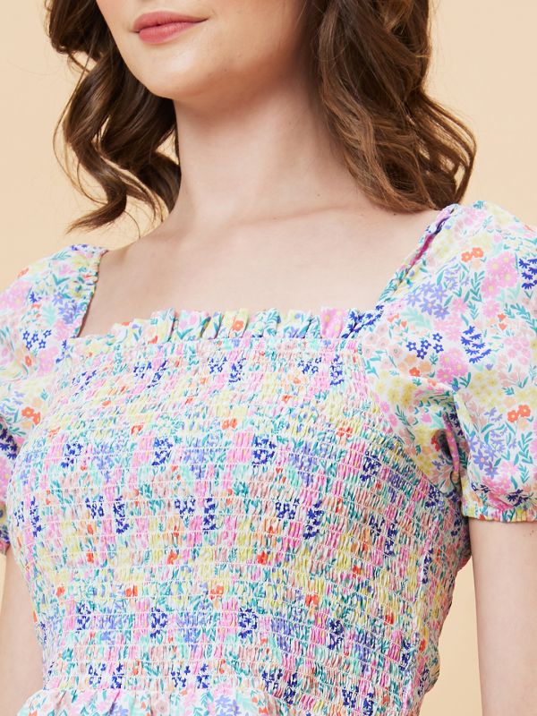 Globus Women Multicolor Floral Print Smocked Top