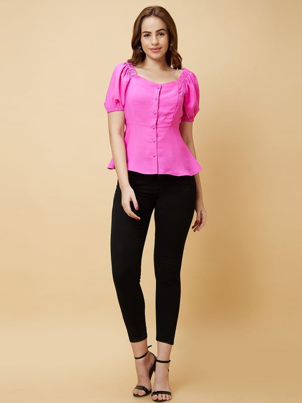 Globus Women Pink Sweetheart Neck Puff Sleeves Top