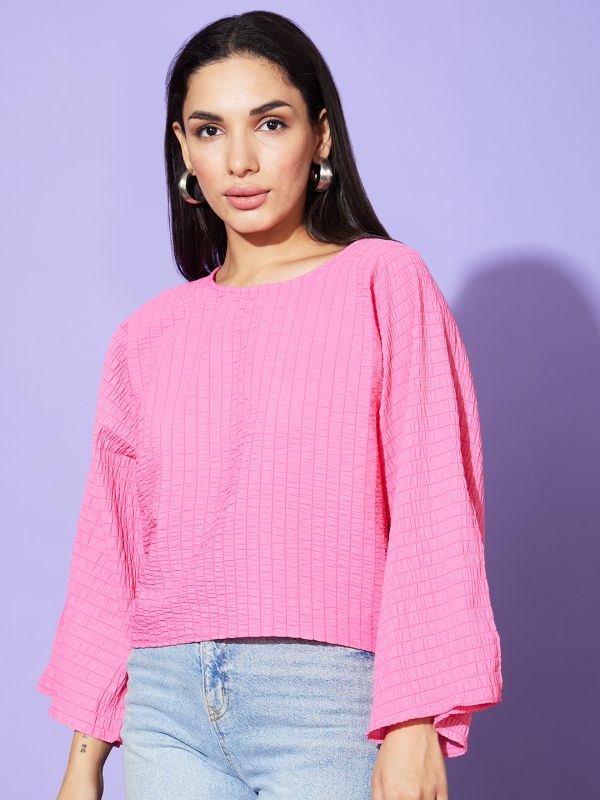 Globus Women Pink  Solid Round Neck Boxy Fit Casual Top