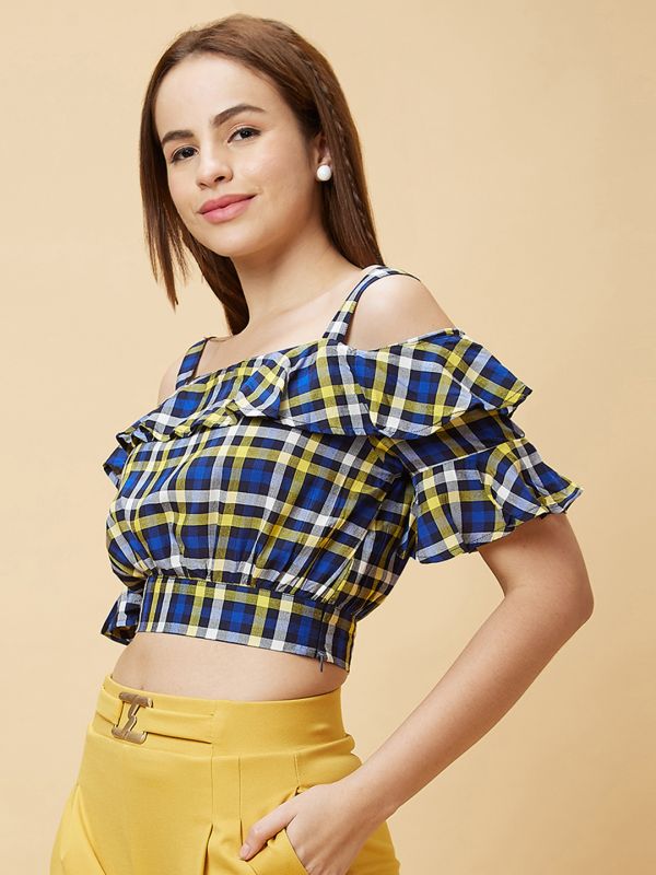 Globus Women Blue Checked Ruffles Cold Shoulder Casual Crop Top