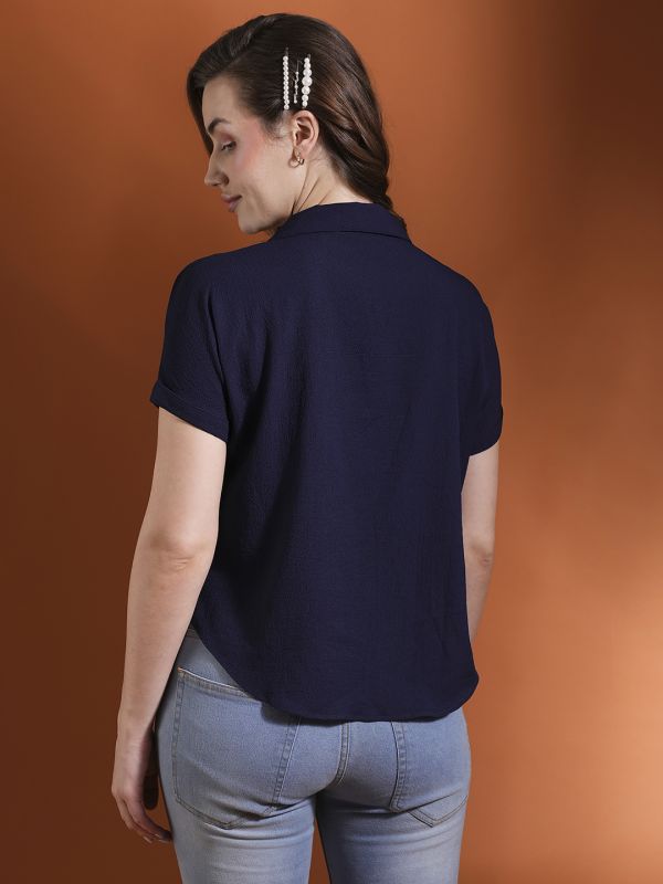 Globus Women Navy Blue Collared Neck Extended Sleeves Self Design Shirt Style Workwear Top