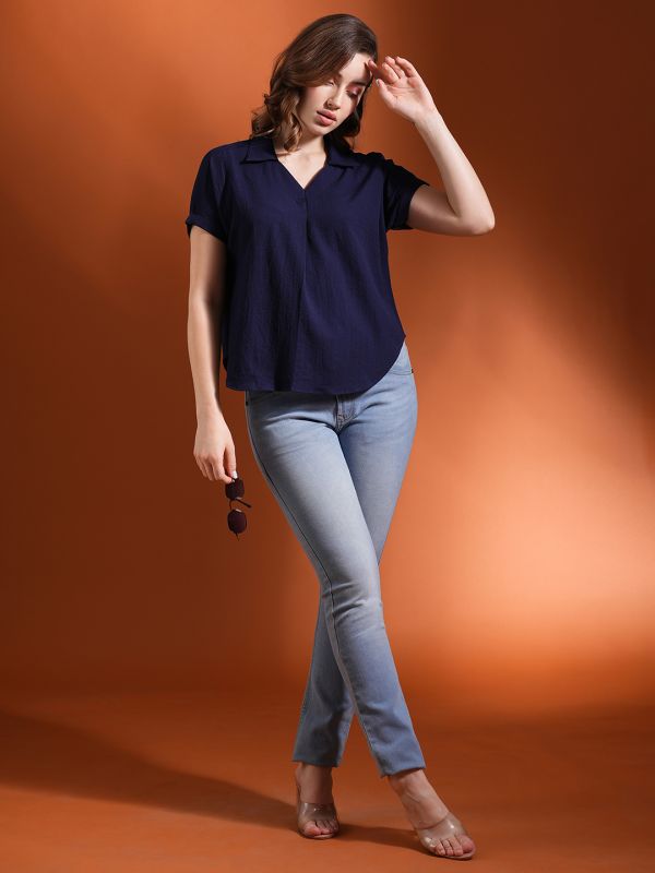 Globus Women Navy Blue Collared Neck Extended Sleeves Self Design Shirt Style Workwear Top