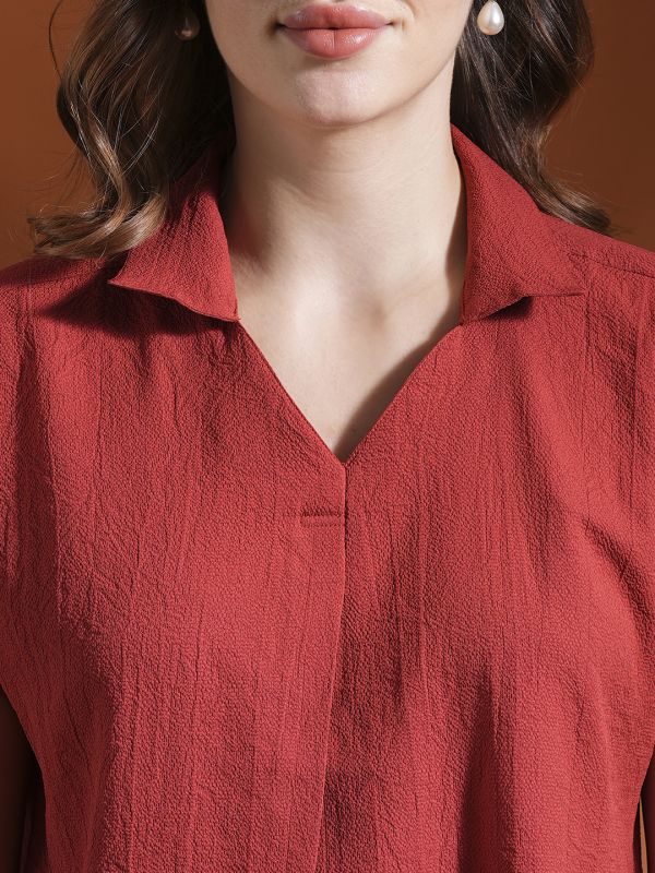 Globus Women Rust Collared Neck Extended Sleeves Self Design Shirt Style Workwear Top