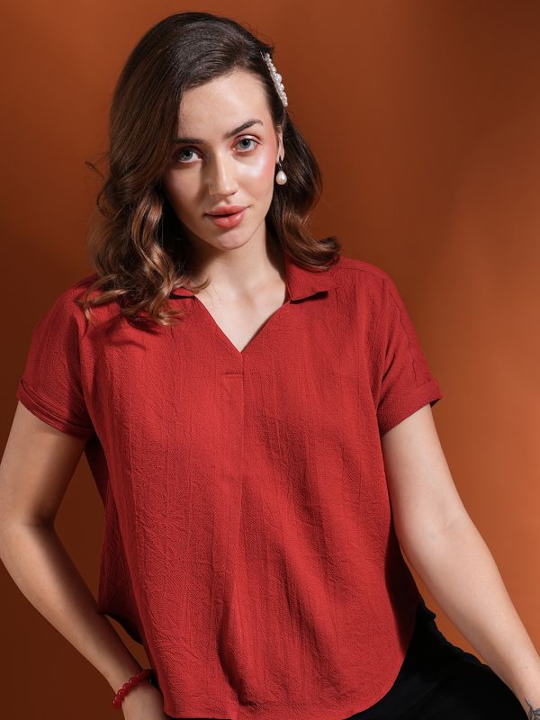 Globus Women Rust Collared Neck Extended Sleeves Self Design Shirt Style Workwear Top